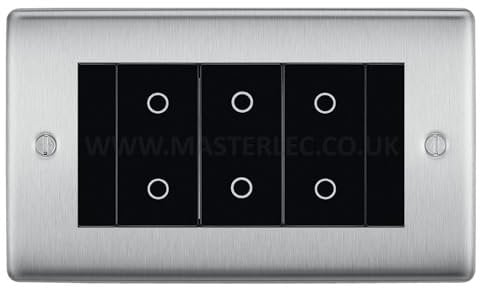 BG NBSTDM3B Brushed Steel 3 Gang Triple Master Touch Dimmer Switch Black Inserts