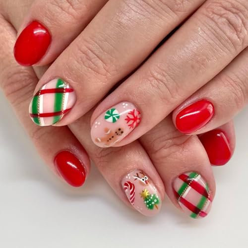 Ceboic 24 Pièces Faux Ongles Amande Moyens Nude Ongles à Coller Bonbons et Nœuds Motif Ongles Acrylique Mignon Arbre de Noël Bonhomme de Neige French Press on Nails pour Femmes et Filles Nail Art