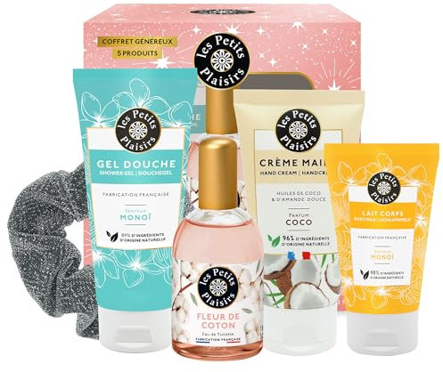 Les Petits Plaisirs - Coffret parfum Fleur de coton, Eau de toilette femme, Gel Douche, Crème Mains, Lait corps, Coffret cadeau femme, Made in France, 5 produits