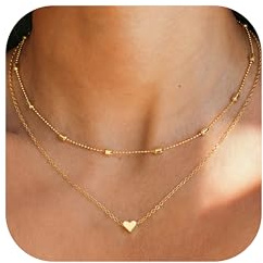 JeweBella 14K Vergoldet Layering Kette Damen Herzkette Halskette 40+5CM | Herz Anhänger Halskette,Layered Choker Kette,Geschenke Schmuck für Damen Frauen Mädchen