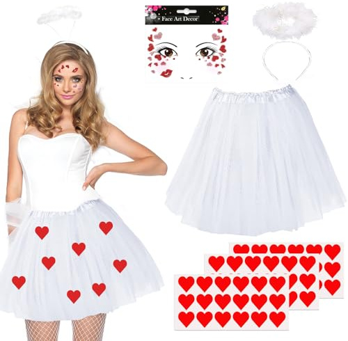 LXWINNER Amor Damen Kostüm,Amor Damen Tüllrock Weiß,Valentinstag Herz Stirnband Pailletten,Face Art Sticker Herzen,Herzchen Tutu Rock, für Valentinstag Karneval Mottoparty Amor Kostüme Accessoires