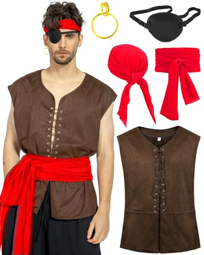 Kasahara Costume de pirate 5 pièces pour homme : gilet rétro médiéval, foulard, ceinture, boucles d'oreilles, cache-œil - Rouge, L