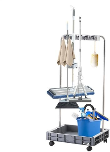 Rollbarer Reinigungswagen für Zuhause, Besenmopphalter,Reinigungswagen mit großer Kapazität | Mopp- und Besenhalter mit Regalen, Besen-Organizer für die Aufbewahrung von Werkzeugen in der Haushaltssta