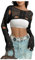 GORGLITTER Women's Hollow Out Sheer Bolero Shrugs Boat Neck Long Sleeve Sexy Crop Jumper Sweater Ripped Crochet Tops Black Large