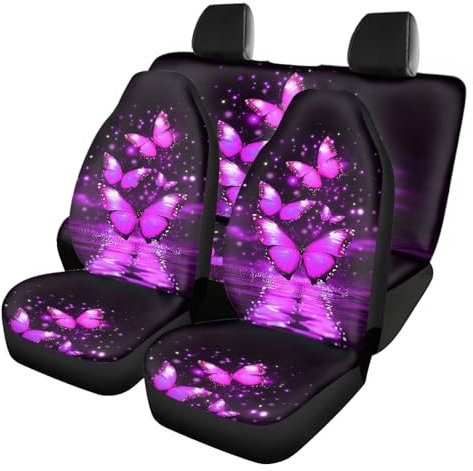 Jeiento Coprisedili per auto rosa con farfalle luccicanti, per donne e uomini, 4 pezzi, accessori per auto, antiscivolo, anteriore e posteriore
