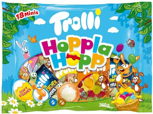 Trolli Hoppla Hopp Minis 18er Pack - Bunter Oster-Mix aus Fruchtgummi & Schaumzucker - Perfekt fürs Osternest & zum Verstecken - Lustige Osterfiguren in Minibeuteln - 360g