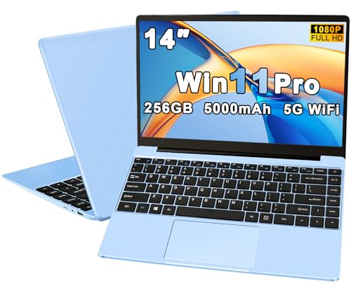 Ordenador Portatil Celeron N4020 Up to 2.8Ghz, Ordenadores Portatiles 14 Pulgadas Win 11 con 5G WiFi 6+256GB SSD Expansión 1TB, BT 4.2 1920*1080 FHD Mini Puerto Multimedia Portatiles Buenos-Azul