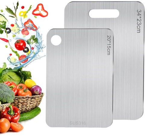 2 Pezzi Tagliere Acciaio Inox, Tagliere in Acciaio Inossidabile 316, Tagliere in Titanio Multifunzione, Tagliere Cucina per Uso per Carne, Frutta, Verdura(34 * 23cm+25 * 15cm)