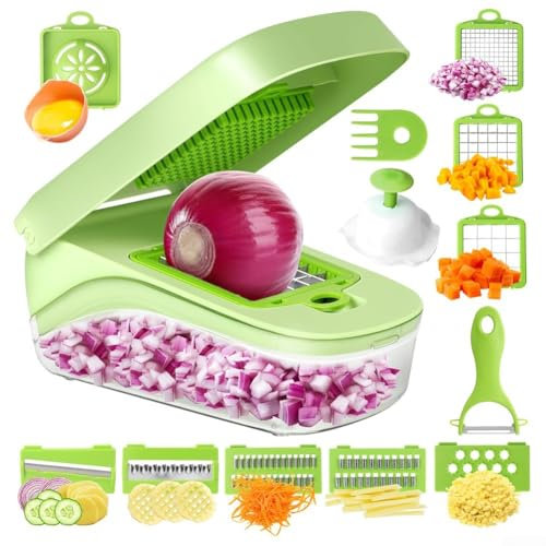 10-in-1 Multifunctional Vegetable Chopper Fruit Cutter Salad Food Slicer Kitchen Tool with Safety Holder Easy Clean for Meal Prep Green 21x12x9cm