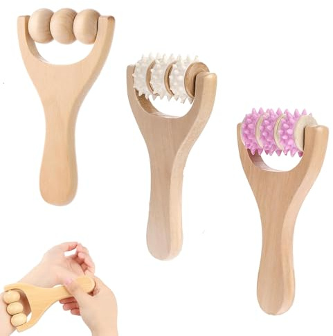3 Massageroller Holz Faszienrolle mit Griff Multifunktional Massage Tool | für Entspannung von Rücken Bein Händen Ganzkörpermuskulatur
