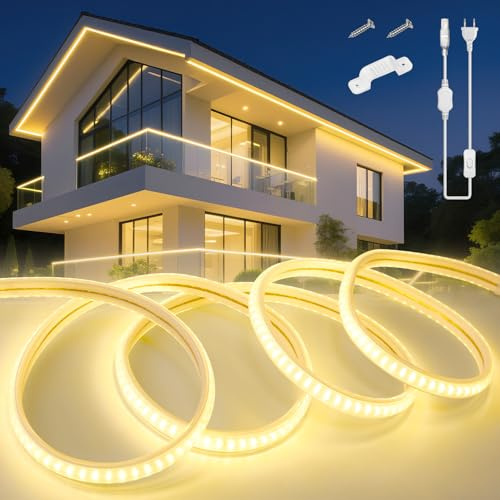 KSIBNW LED Streifen Aussenbereich 10M, 230V Neon LED Strip Wasserdicht IP65 Schlauch Warmweiß 3000K Led Leiste Band Flexibel Outdoor 145LEDs/M Lichtleiste mit Netzteil und Stecker für Außen Innen Deko