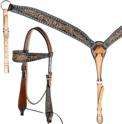 EQUIEMPRESS Western-Leder-Set mit handgefertigtem Kopfstück und Vorderzeug mit Zügeln. /Size-Full,Cob,Pony AZ-27 (Full)