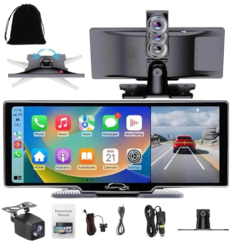 Car Tablet Pro Max 2025 Model, 10.26 HD Car Tablet with 2k/4k Wireless Dual Lens &1080p Backup Camera, Android Auto Touch Screen Receiver with GPS Navigation/Voice Control (4k+Dual lenses)