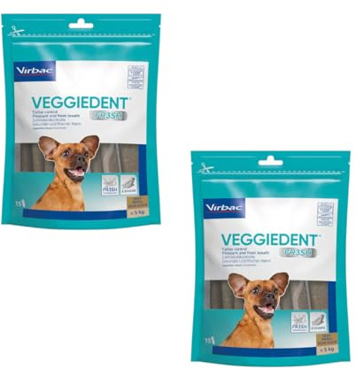 Virbac VeggieDent 15 Strips XS < 5kg | Twin Pack | 2 x 120g | Chew Strips for Small Dogs | Vegetarian Dental Plaque Control Snack