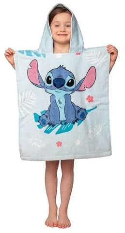 Disney Lilo und Stitch Kinder Poncho mit Kapuze, Badeponcho, Baumwolle, 50 x 115 cm, Doppelseitig Bedruckt, für 2-8 Jahre, Handtuch, Strand, Baden (Blau)