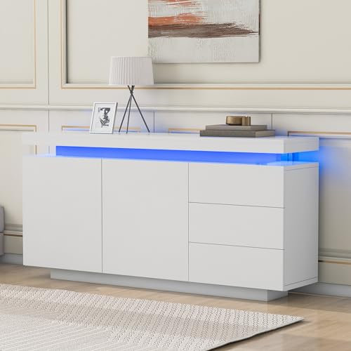 Jaxenor Hochglanz Sideboard Wohnzimmer mit 2 Türen 3 Schubladen, Wohnzimmerschrank mit LED Licht, Küchenschränke Einzeln, Esszimmerschrank, Grifflose, Weiß