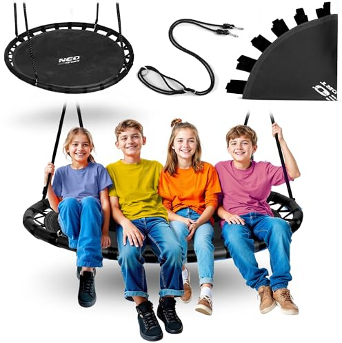 Neo-Sport Nestschaukel Outdoor 120 cm - Hängeschaukel mit Gestell - Maximale Belastung 150 kg - Wasserfest - Rund - Schwarz