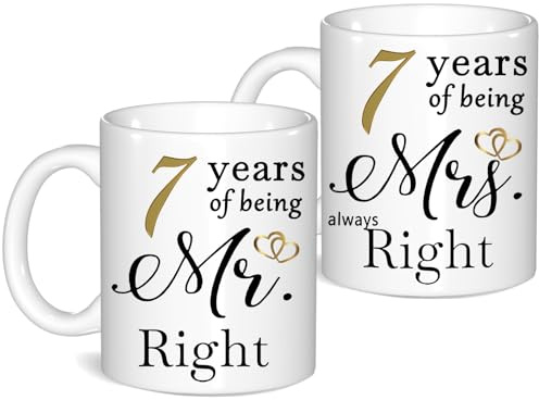 7 Year Anniversary Coffee Mugs Set of 2, 7th Anniversary Wedding Gifts for Wife Husband Parents Grandparents Men Women Him Her, 7 Year Valentines Engagement Couple Cups
