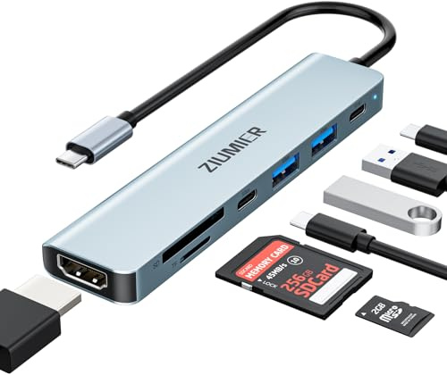 ZIUMIER USB C Hub, 7 in 1 USB C zu HDMI Splitter &USB-A&SD Kartenleser | Unterstützt 4K@60HZ Display, 2×USB-A 3.1 5Gbps Datenanschlüsse, PD 100W Laden, SD Kartenleser für MacBook, Desktop und mehr
