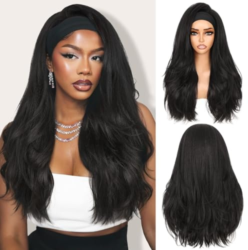 WIGNEE Headband Wig Yaki Curly Straight Layered Glueless Für Frauen | Schichtige Kinky Straight Half Wig, Wear&Go, klebefreie Headband Wig für schwarze Frauen (1B, 66 cm)