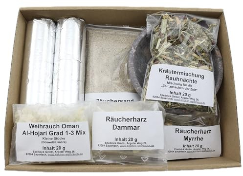 Räucher Set „Rauhnächte“ – 10 TLG. – Kräutermischung Rauhnächte u. Weihrauch Oman Al Hojari, Myrrhe und Dammar - Räucherschale u. Zubehör – im Geschenkkarton mit Klarsichtdeckel (Natur Schale)