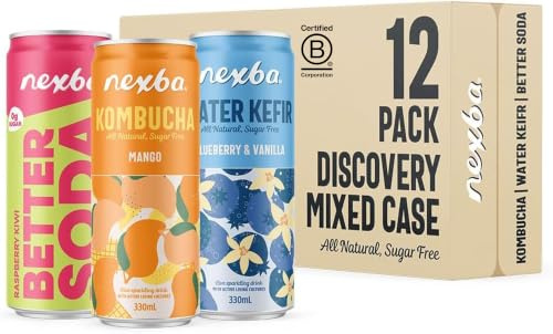 Nexba Discovery 8 Flavour Drink Variety Pack, 330 ml (Pack of 12) | 6 x Kombucha Drinks, 3 x Kefir Drinks & 3 x Better Soda, All Natural, Sugar Free & Healthy Probiotic Refreshments