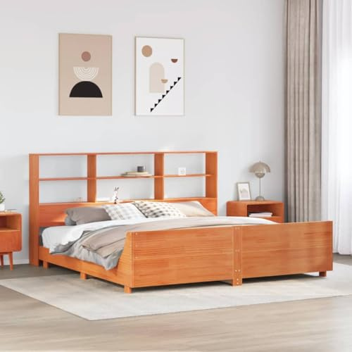 QZZCED Massivholzbett aus Kiefernholz, Braun, Wachs, 200 x 200 cm, mit Kopfteil mit 6 Fächern und Lattenrost, stabile und langlebige Struktur für Schlafzimmer, sparsames Design