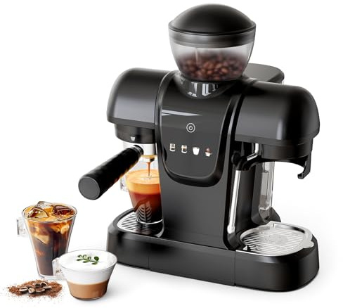 RECAFIMIL Machine à expresso 19 bars avec moulin à haricots, machine à café 2 en 1 pour café moulu, cappuccino et latte avec mousseur à lait, écran tactile, réservoir d'eau amovible (noir)