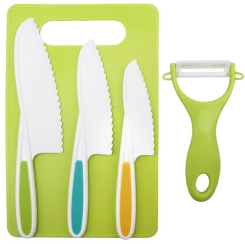 Kids Knife Set for Chopping, 5 Pcs Montessori Kitchen Tools for Toddler Cooking Set, BPA Free Kids Safe Kitchen Cooking and Baking Set with Peeler, Cutting Board for Sandwich Bread Vegetable Fruit