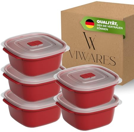 Viwares Heat'n Go Mikrowellenboxen Set 5x 550 ml, spülmaschinenfest | Klickdeckel mit Dampfventil, Meal Prep & Lunchbox für Büro, eckig, rot