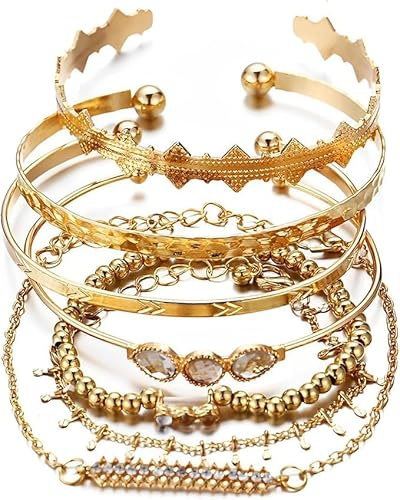 RAOPNHS 7 teiliges Gold Armband Set, für Wahrsagerin Kostüm und Piraten Schmuck damen, Böhmische Armketten als Wahrsagerin Accessoires und Pirat Accessoires Damen, für Karneval Fasching Party Cosplay
