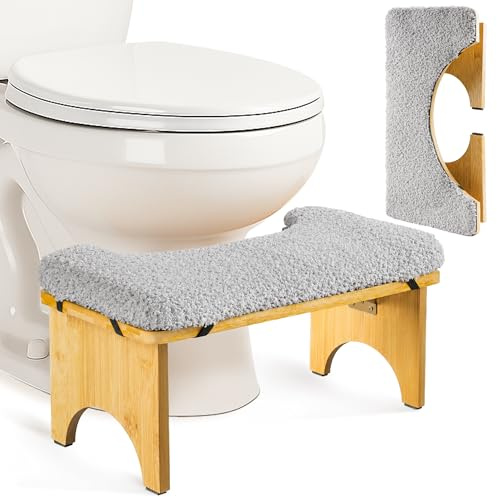 Tabouret Toilette Pliable en Bois de Bambou avec coussin pour les pieds, Marche pied Toilette adulte, Tabouret WC Ergonomique pour la Salle de Bain - Pour Hémorroïdes, Constipation et Ballonnements