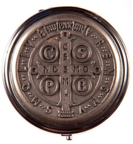 Pyx for Holy Communion Hosts 6.5 cm diameter x 2 cm deep. Eucharistic Minister Pyxes. Travelling Pyx.St Benedict Deisgn on Lid for Holy Communion. Saint Benedict Cross Design