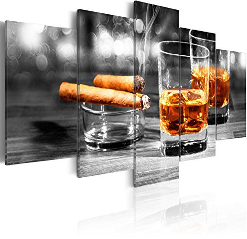 B&D XXL - Wandbilder XXL Zigarre und Whisky 100x50cm 5 tlg - Wand Deko Leinwand Bilder Groß Wanddeko Wohnzimmer Schlafzimmer Kunstdrucke - Alkohol Bar Drink Holzoptik 030106-15