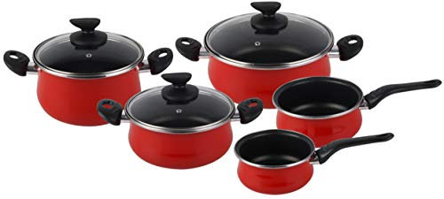 Magefesa Praga - Batería de Cocina 8 piezas. Material acero vitrificado exterior rojo. Antiadherente bicapa Reforzado. Apta para todo tipo de cocinas, especial inducción. 50% de ahorro energético.