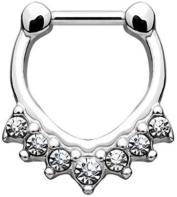 Piercingfaktor Universal Piercing Scharnier Clicker Ring Tribal Vintage mit Kristall Spikes Septum für Tragus Helix Ohr Nase Lippe Brust Intim Nippel aus Chirurgenstahl Silber 1,2mm