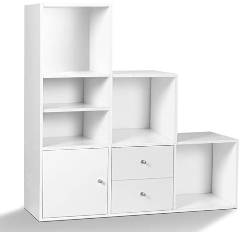 IDMarket - Meuble de Rangement en escalier Liam 3 Niveaux Bois Blanc avec Porte et tiroirs