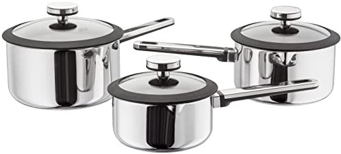 Stellar Stay Cool SLA1 Set of 3 Stainless Steel Draining Pans, 16cm, 18cm & 20cm Pans with Glass Strainer Lids, Engineered Stay-Cool Handles, Oven Safe, Induction Ready, Dishwasher Safe