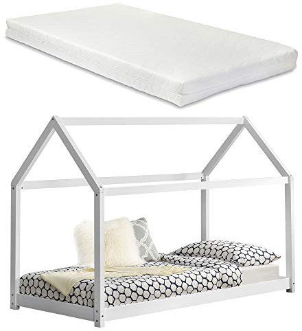 [en.casa] Kinderbett Netstal mit Matratze 90x200cm Weiß Haus Design Kiefernholz Bett Holzbett Hausbett Kaltschaummatratze Öko-Tex Standard 100 Allergikergeeignet Atmungsaktiv