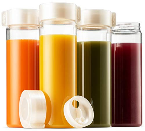Komax Wiederverwendbare Saftflaschen, 4er Set auslaufsichere Saftbehälter mit Deckel für Kühlschrank, BPA-freies Kunststoff Smoothie Flaschen-Set, breite Öffnung, Entsafterflaschen (525 ml)