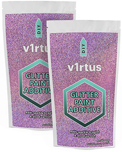 v1rtus 2X Glitter Paint Additive - Pink Holographic | Metallic Flakes for Adding Sparkle to Paints & Wood Varnish | Add to Emulsion, Acrylic & Latex for Indoor Sparkly Walls | 100 g (x2)