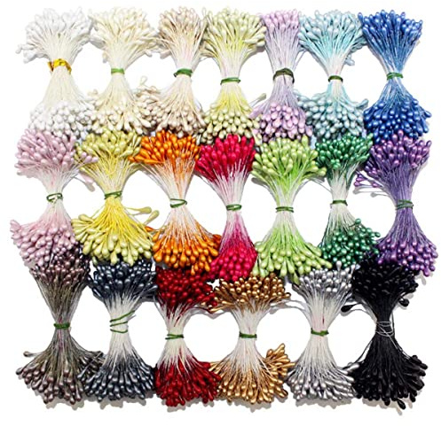 Weriirew 900pcs Estambres Mixtos Aleatorios Flor Doble Estambre para Hacer Flores DIY Mini Perla Artificial Estambre Flor Pistilo