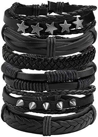 Manfnee 6PCS Geflochtenes Kunstlederarmband Punk Cuff Wrap Armbänder für Männer Frauen Verstellbar