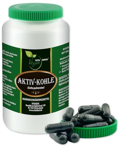 VITA IDEAL Vegan® AKTIV - KOHLE 120 KAPSELN - Carbon, Carbo medicinalis - Aktivkohle - Holzkohle - Tagesportion 640mg Pflanzenkohle reines Pulver. Natürlich, pflanzlich,und ohne Zusatzstoffe.
