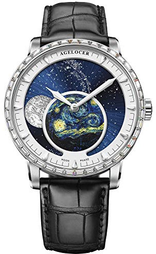 Agelocer Herren-Armbanduhr mit echten Diamanten, Blau, automatische Mondphasen-Armbanduhr, Vp:6401e1, Riemen