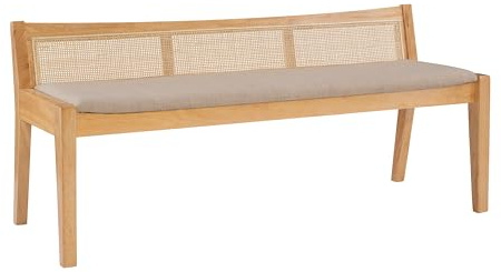 Powell Kasi Natural Low Back Cane Bench with Beige Upholstered Seat