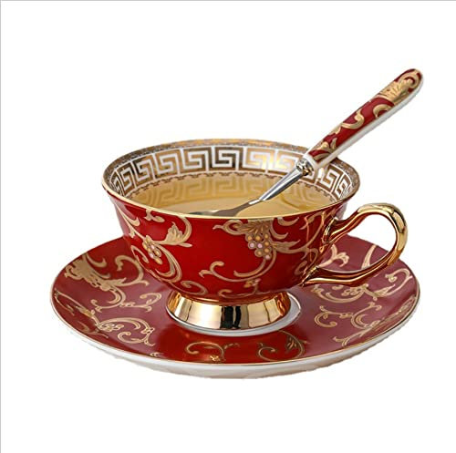 Tazza da tè in porcellana per tè pomeridiano, tazza da tè in ceramica Bone China per colazione a casa e cucina - Set di tazze e piattini con cucchiai, 200 ml