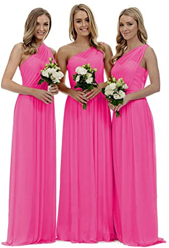 dinavian Vestido de gasa con un hombro descubierto para mujer, para fiesta de noche, baile, boda, dama de honor, fucsia, 44