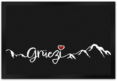 speecheese Fußmatte XL in 40x60 cm mit Grüezi-Schriftzug Herz und Bergen Schweiz Fußmatte XL in 40x60 cm in grau, weiß und rot Geschenkidee Gebirge Hochgebirge mit Herz