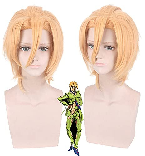 ydound Anime Coser Wig Anime JoJo' s Bizarre Abenteuer Golden Wind Giorno Giovanna Cosplay Perücke JoJo No Kimyou Na Gelb Kostüm Yellow Wigs+ Perücke Cap